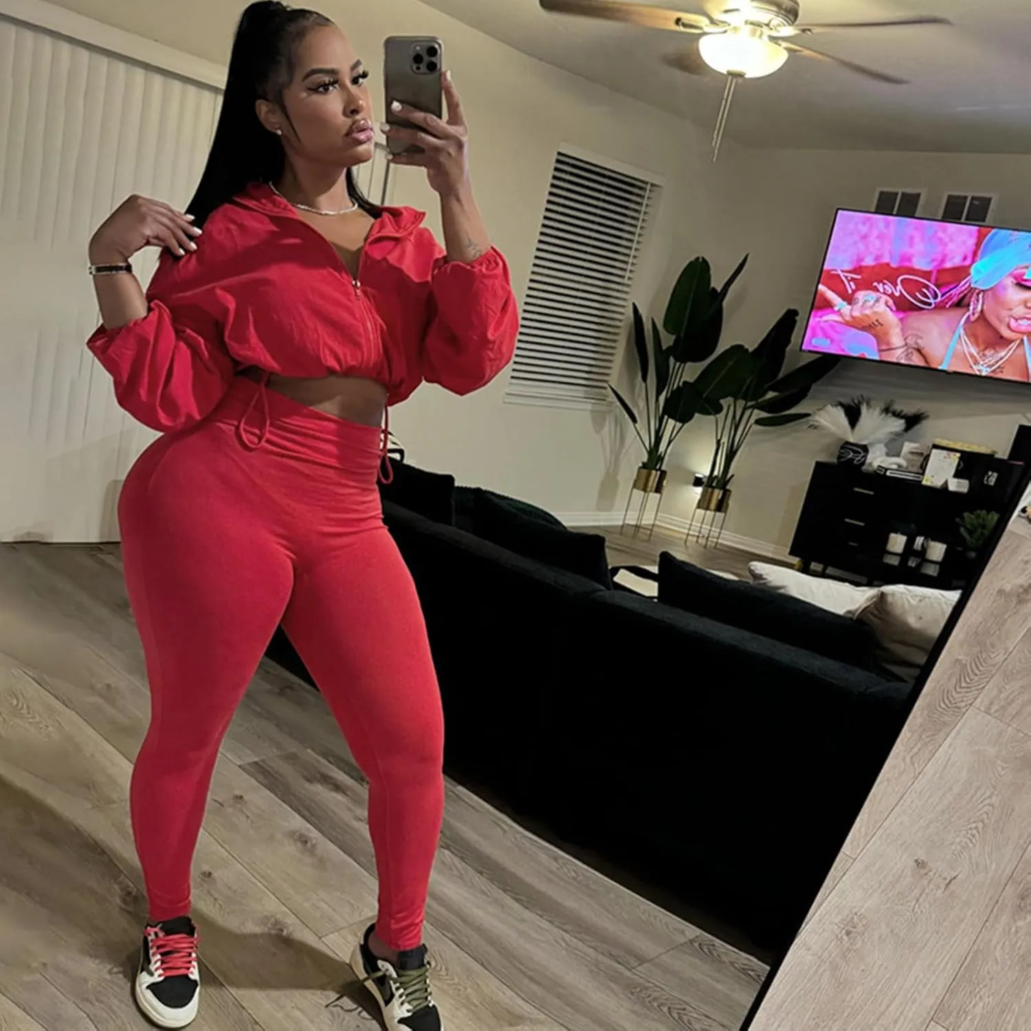 Uni Clau Women 2 Piece Outfits Tracksuit Drawstring Long Sleeve Zip Up Crop Jacket with Bodycon Pant Set Sweatsuit Clothes