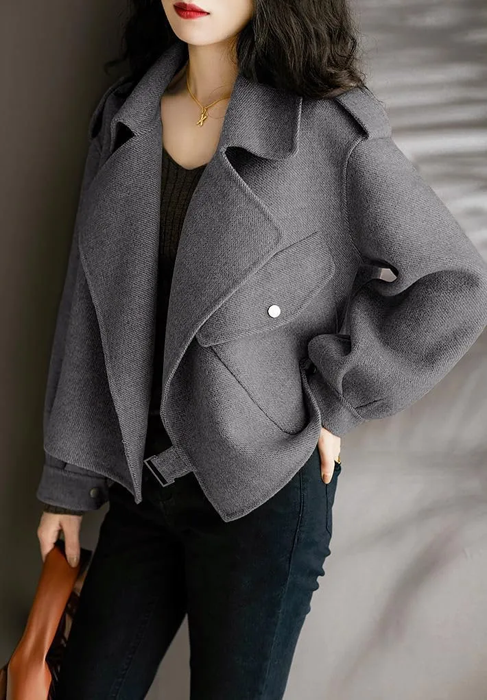utcoco Women Cropped Wool Coats Notched Lapel Pea Coat Open Front Trench Overcoat Jackets with Pockets