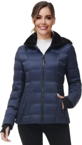 Women Warm Winter Down Puffer Jacket-Hooded Winter Puffer Coat for Women with Faux Fur Lined Hood and Collar