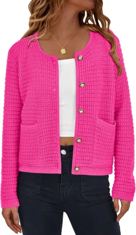 Women's Button Down Cardigan Sweater Chunky Open Front Crew Neck Causal Long Sleeve Knit Outwear with Pockets