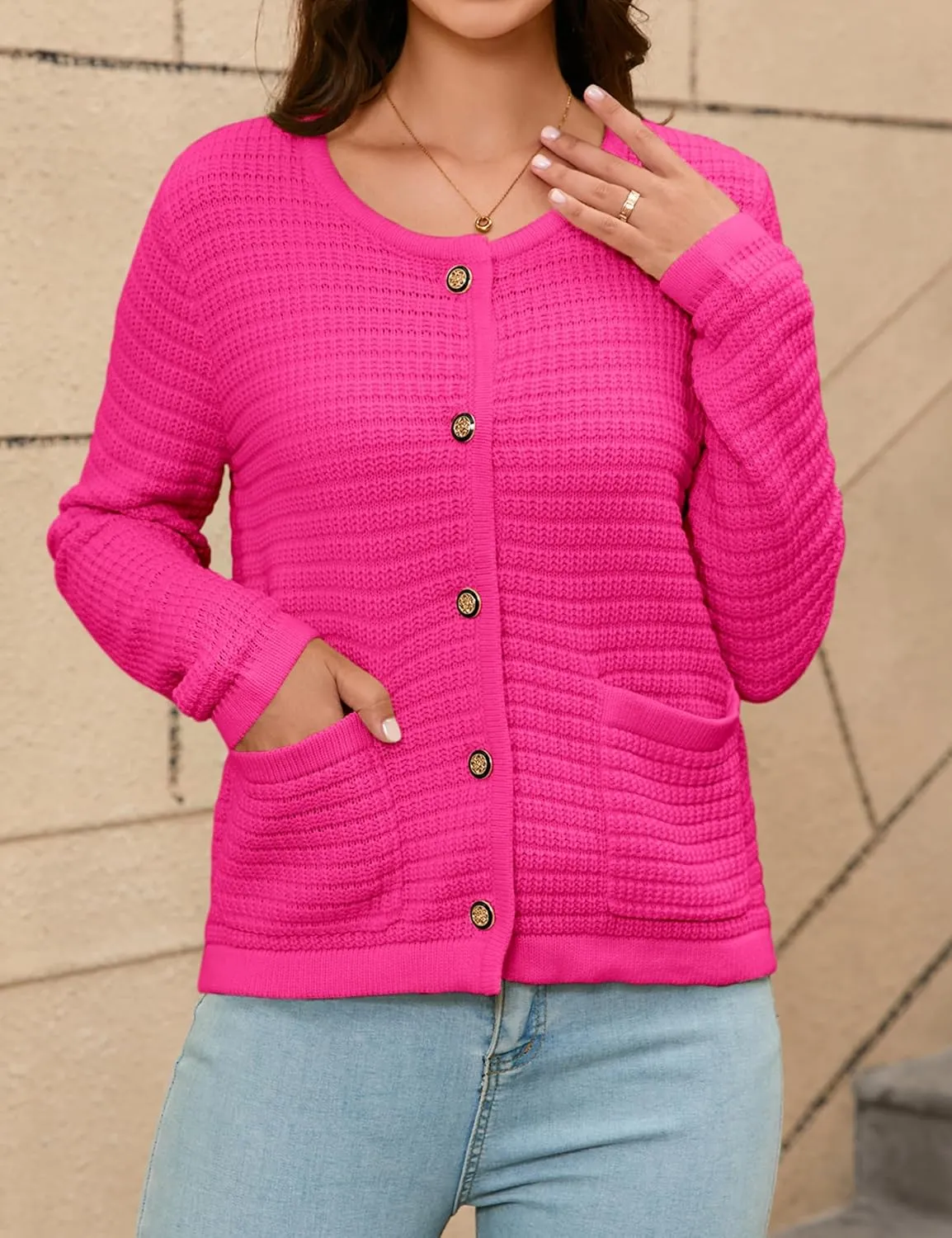 Women's Button Down Cardigan Sweater Chunky Open Front Crew Neck Causal Long Sleeve Knit Outwear with Pockets