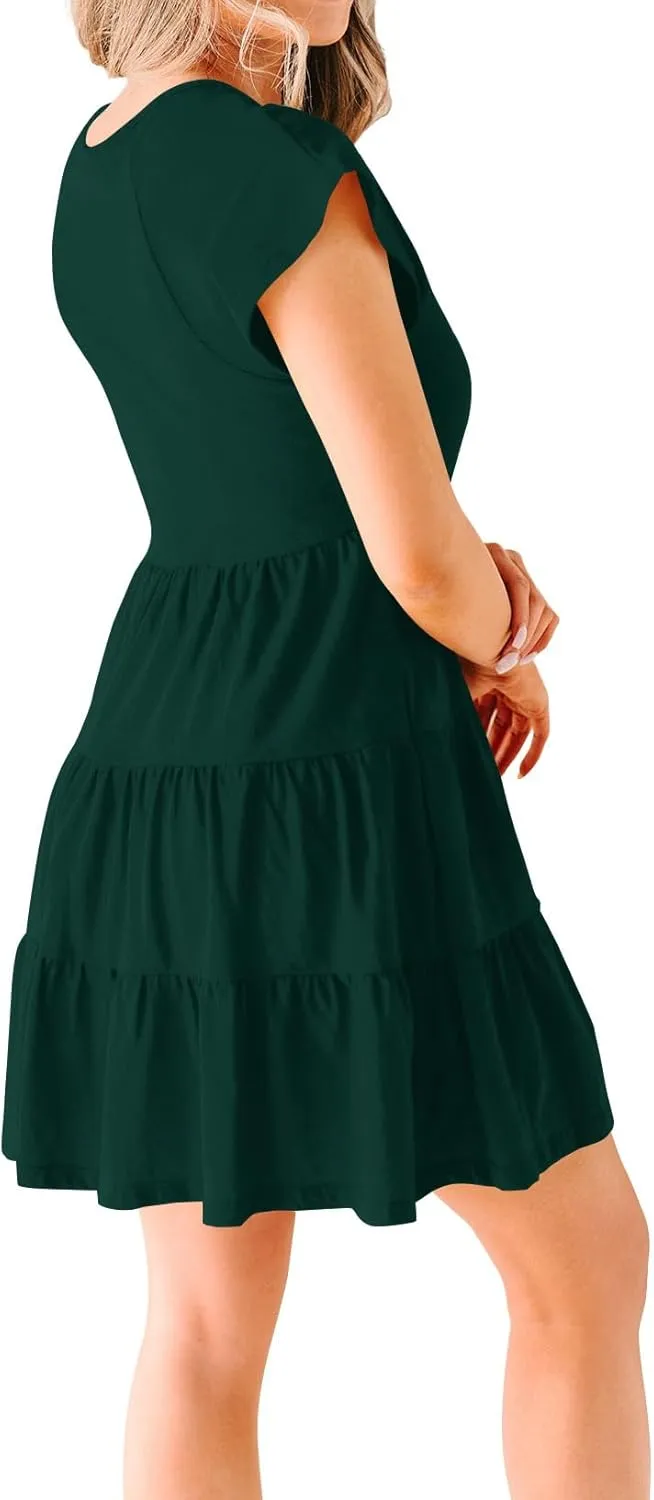 Women's Casual Summer Dress Sexy V Neck Short Sleeve Flowy Ruffle 2024 Trendy Short Mini Dresses