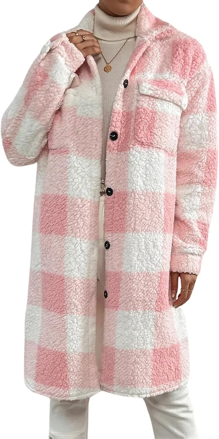 Women's Fall Jacket Fuzzy Fleece Winter Coats Shackets for Women 2023 Fashion Casual Warm Gingham Teddy Coat
