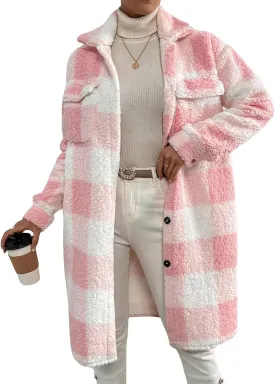 Women's Fall Jacket Fuzzy Fleece Winter Coats Shackets for Women 2023 Fashion Casual Warm Gingham Teddy Coat