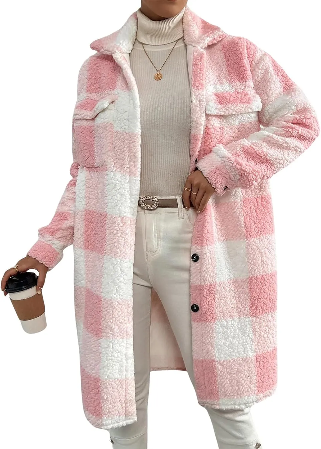 Women's Fall Jacket Fuzzy Fleece Winter Coats Shackets for Women 2023 Fashion Casual Warm Gingham Teddy Coat