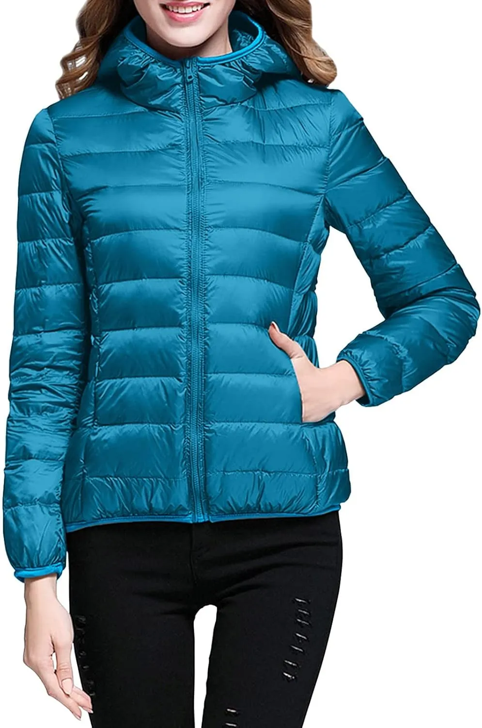 Women's Hooded Packable Puffer Jackets Winter Lightweight Warm Down Coats Trendy Slim Fit Windproof Duck Down Outwear