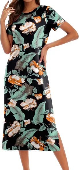 Womens Maxi Dresses Split Casual T Shirt Dress with Pockets Crew Neck Short Sleeve Summer Dresses