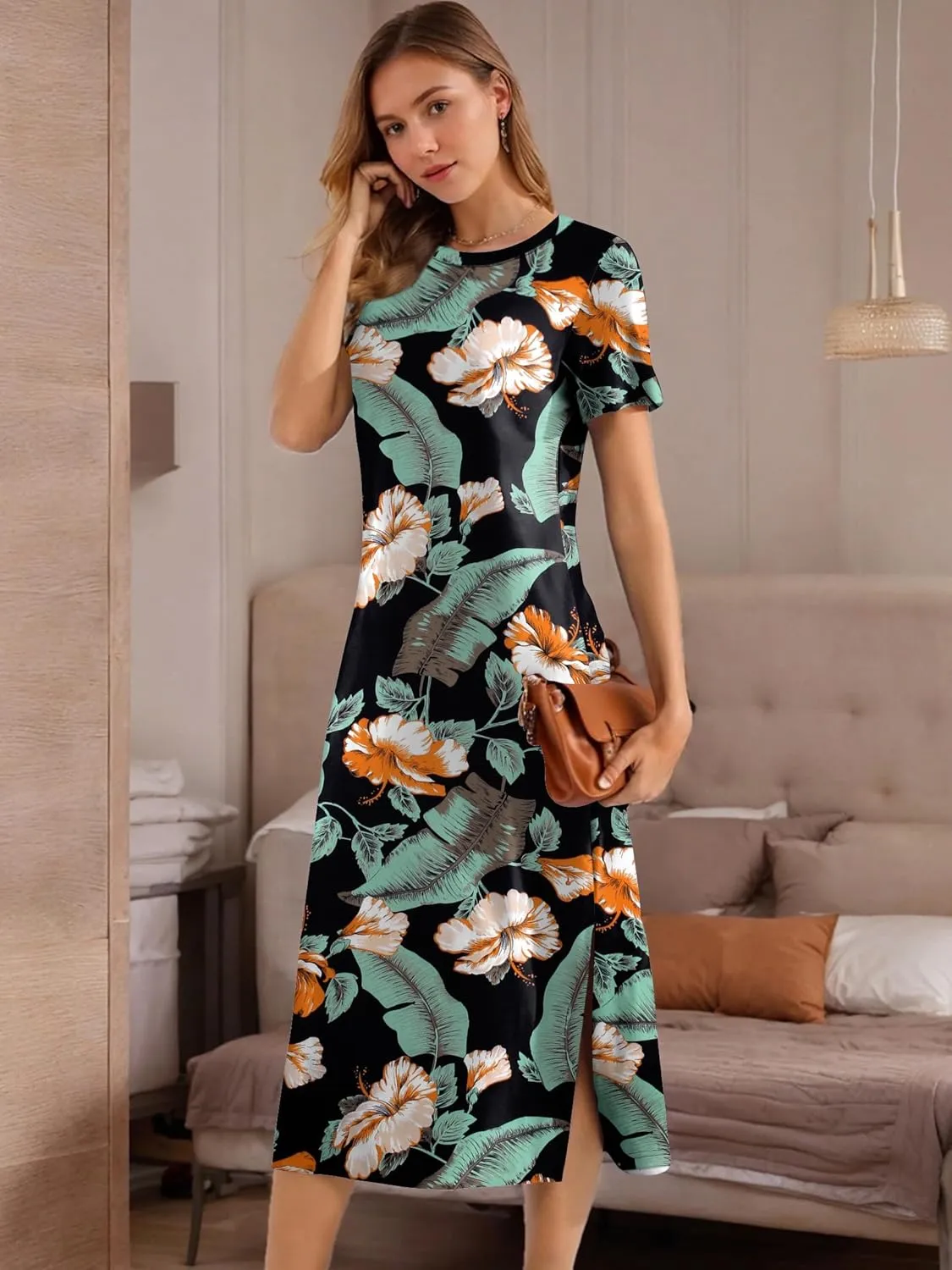 Womens Maxi Dresses Split Casual T Shirt Dress with Pockets Crew Neck Short Sleeve Summer Dresses