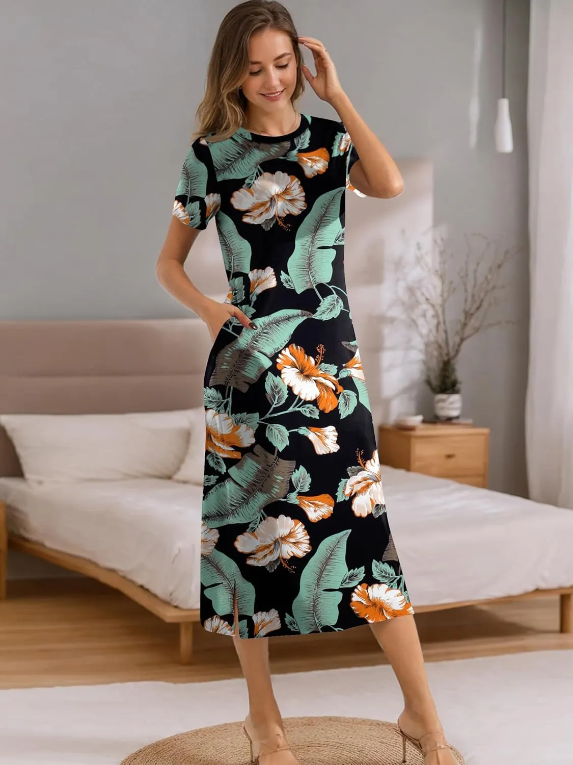 Womens Maxi Dresses Split Casual T Shirt Dress with Pockets Crew Neck Short Sleeve Summer Dresses
