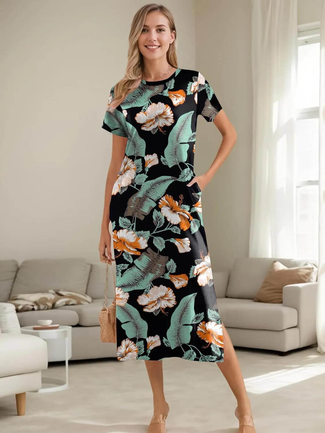 Womens Maxi Dresses Split Casual T Shirt Dress with Pockets Crew Neck Short Sleeve Summer Dresses