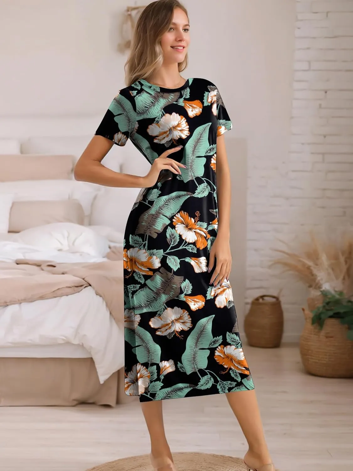 Womens Maxi Dresses Split Casual T Shirt Dress with Pockets Crew Neck Short Sleeve Summer Dresses