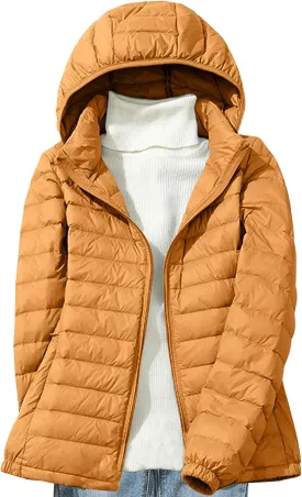 Womens Packable Down Jacket Lightweight Quilted Puffer Coat Casual Zipper Pockets Duck Down Outwear with Removable Hood