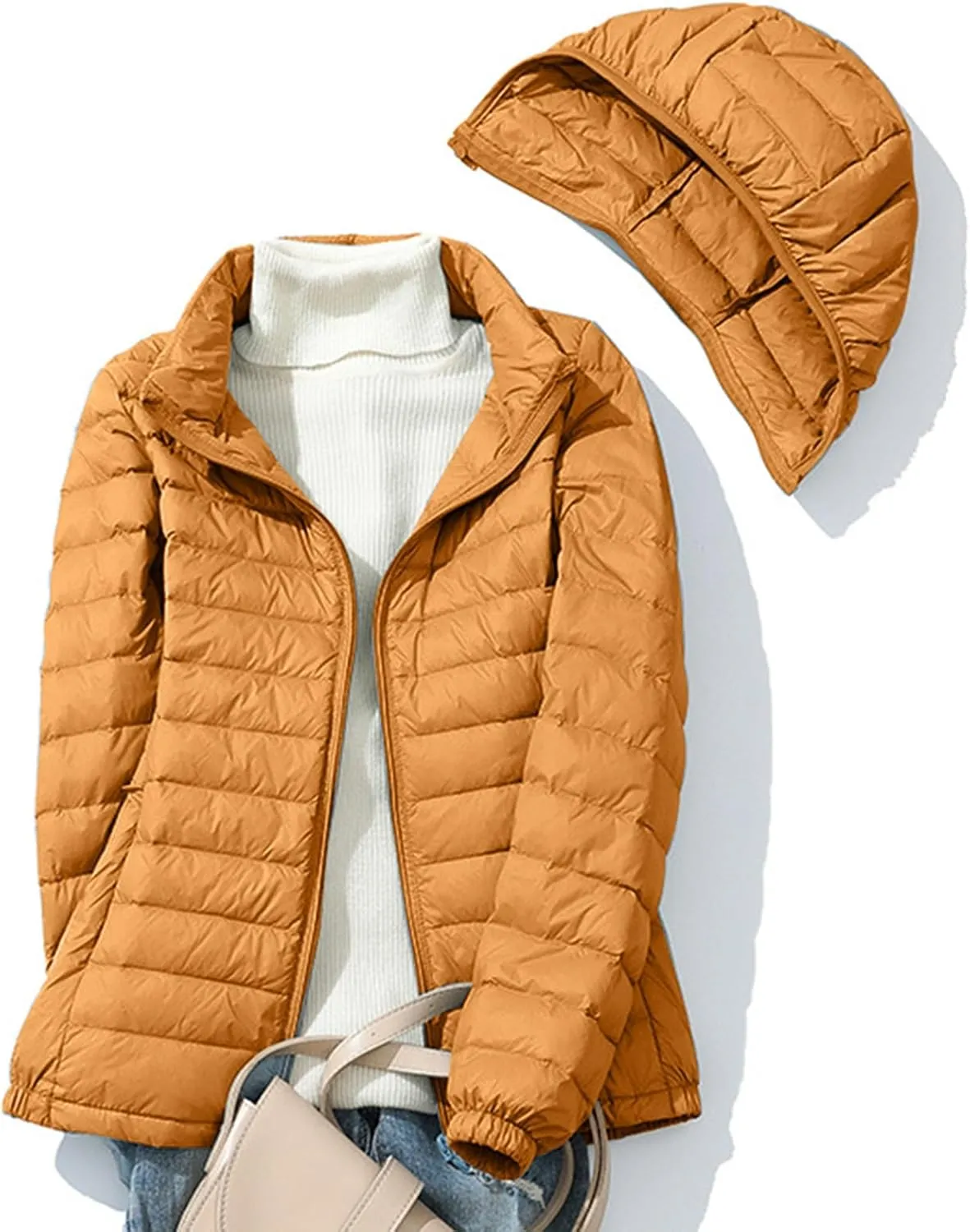 Womens Packable Down Jacket Lightweight Quilted Puffer Coat Casual Zipper Pockets Duck Down Outwear with Removable Hood