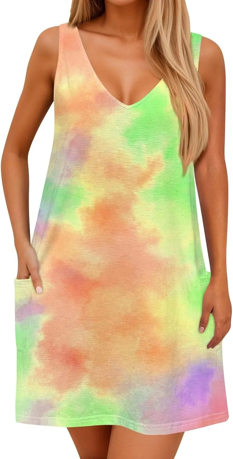 Women's Summer Dresses Casual Beach Swimsuit Coverup V Neck Sleeveless Dress with Pocket 2025 Printed Sundress