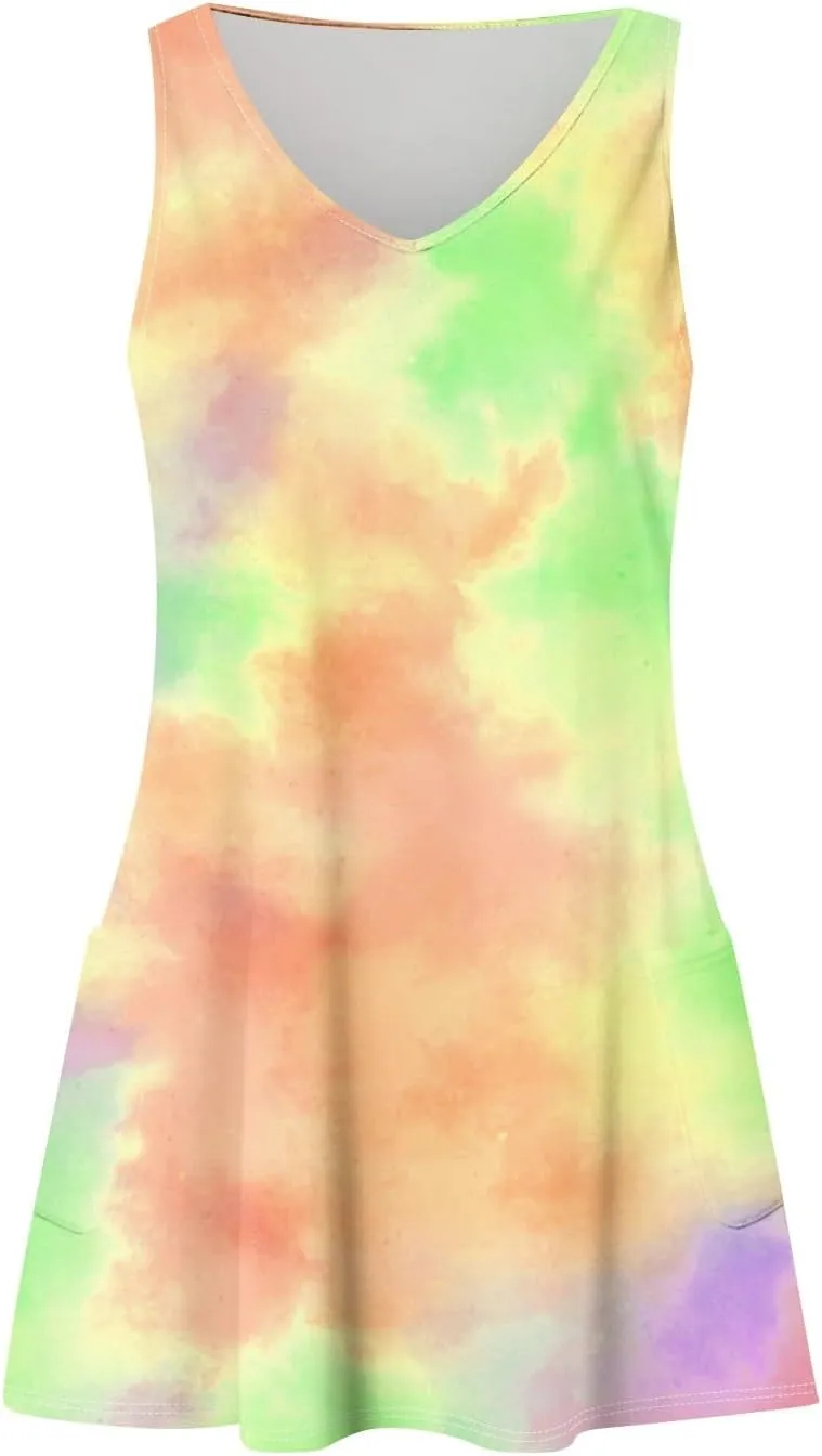 Women's Summer Dresses Casual Beach Swimsuit Coverup V Neck Sleeveless Dress with Pocket 2025 Printed Sundress