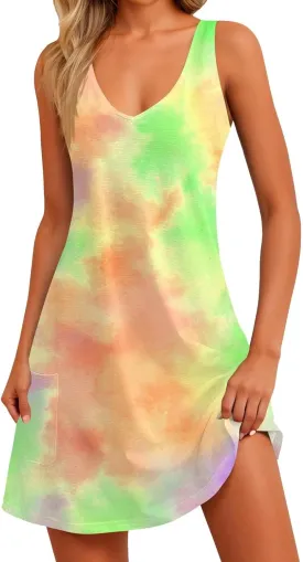 Women's Summer Dresses Casual Beach Swimsuit Coverup V Neck Sleeveless Dress with Pocket 2025 Printed Sundress