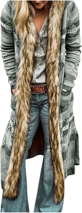 Women's Winter Long Jacket Open Front Coat Cardigan Vintage Western Coats Faux Fur Trim Parka Outerwear with Pockets
